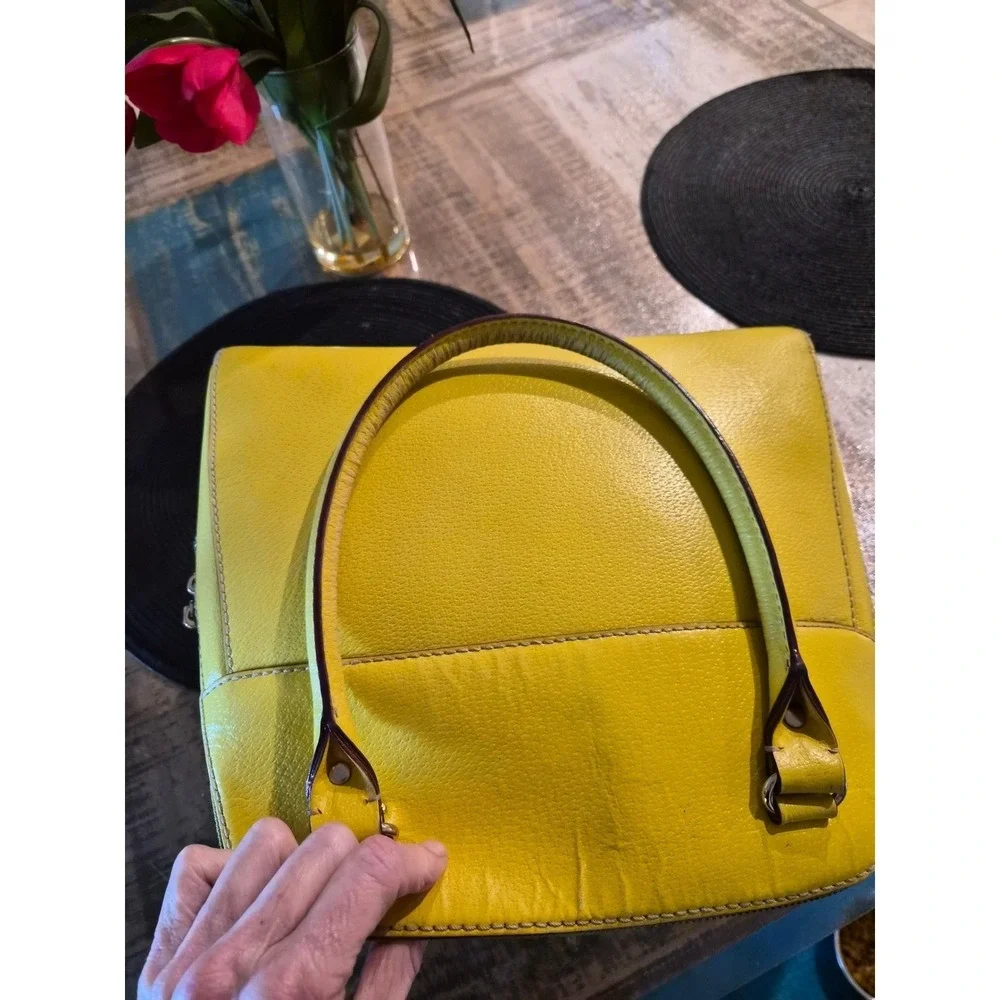 Kate Spade New York Yellow Pebbled Leather Satchel Handbag Zip‎ Pocket Polka Dot
